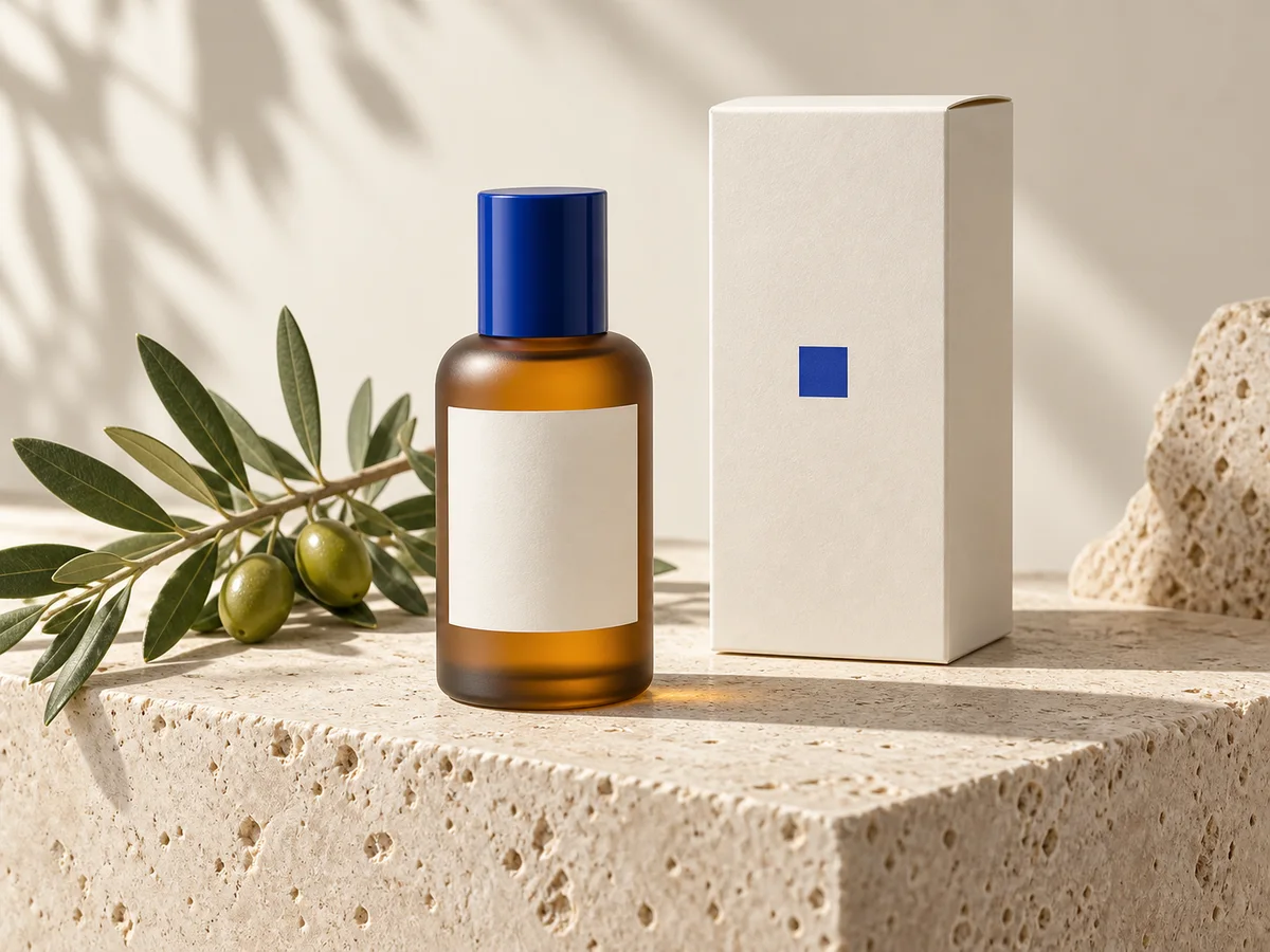 Amber bottle and cream packaging with a cobalt cap and olive branch