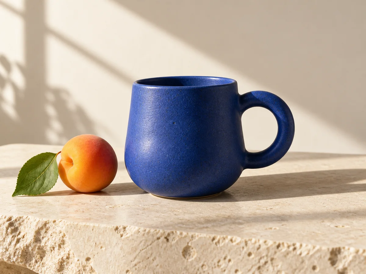 Cobalt ceramic mug in a sunlit product scene