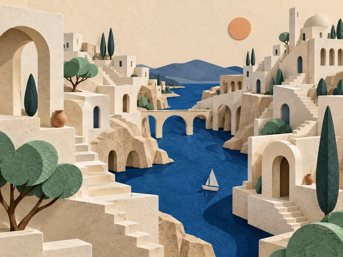 Layered paper illustration of an ivory city around a cobalt river